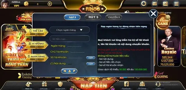 Hướng dẫn nạp tiền Rik88 live