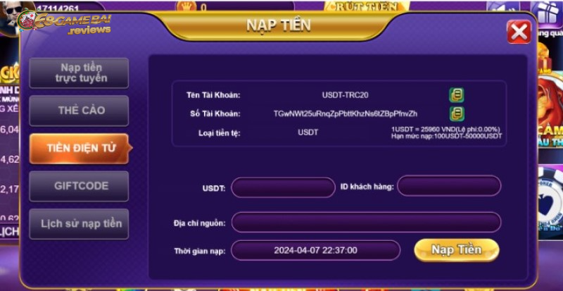 Mẫu thông tin yêu cầu nạp tiền tại 68 game bài bằng USDT